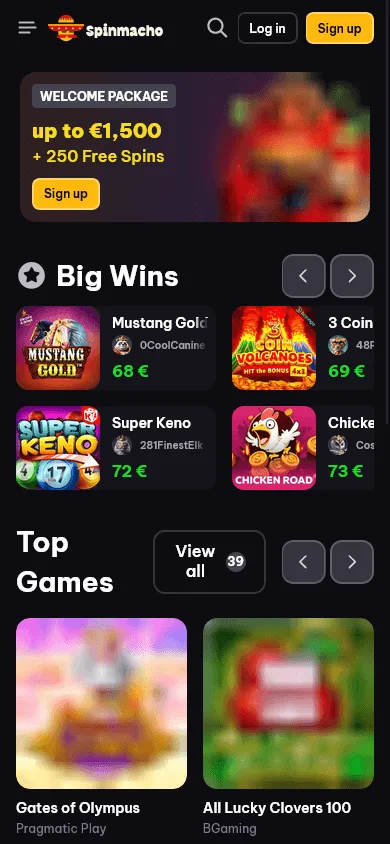 Spinmacho Casino homepage on a mobile device