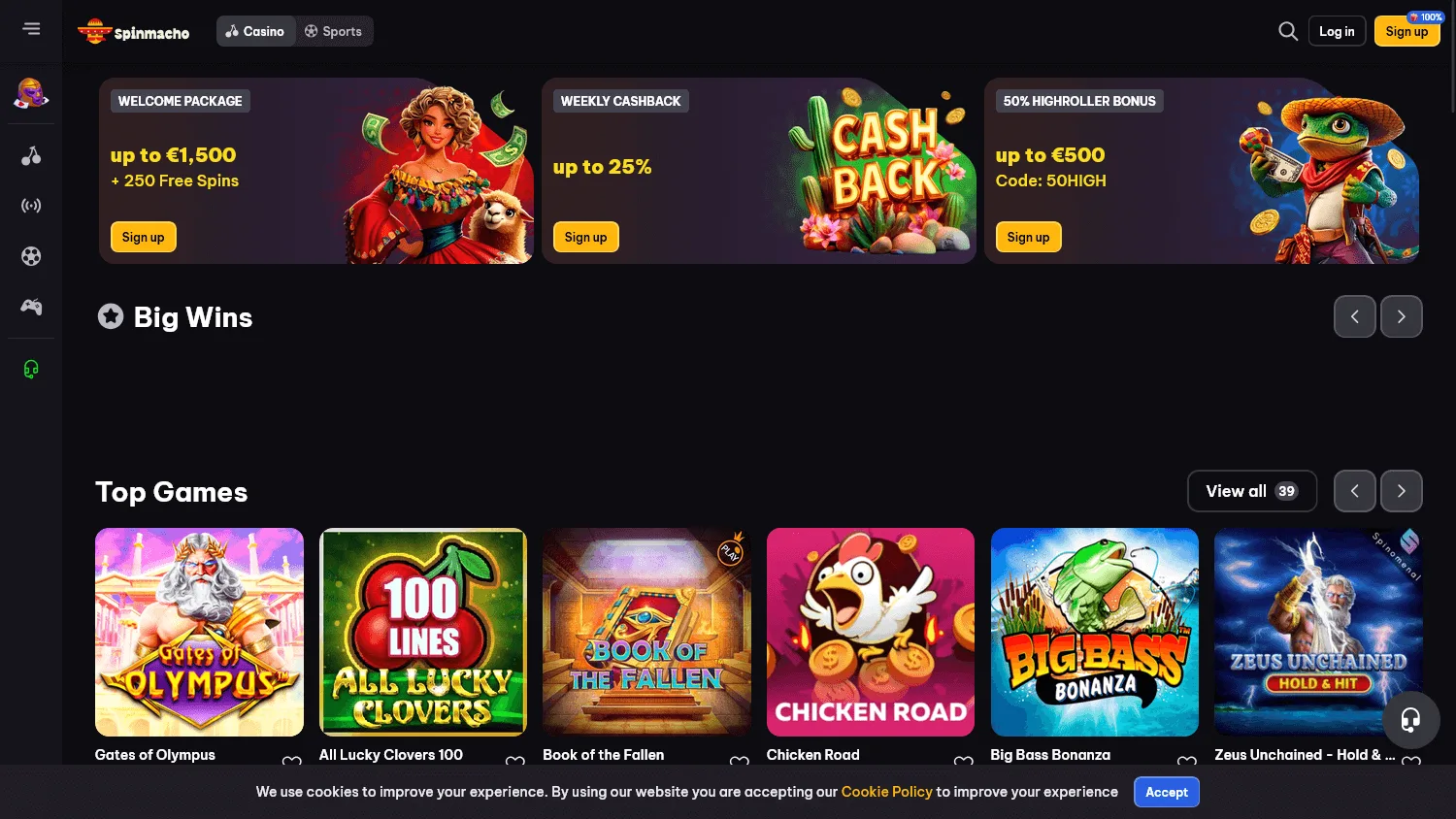 Spinmacho Casino homepage on desktop