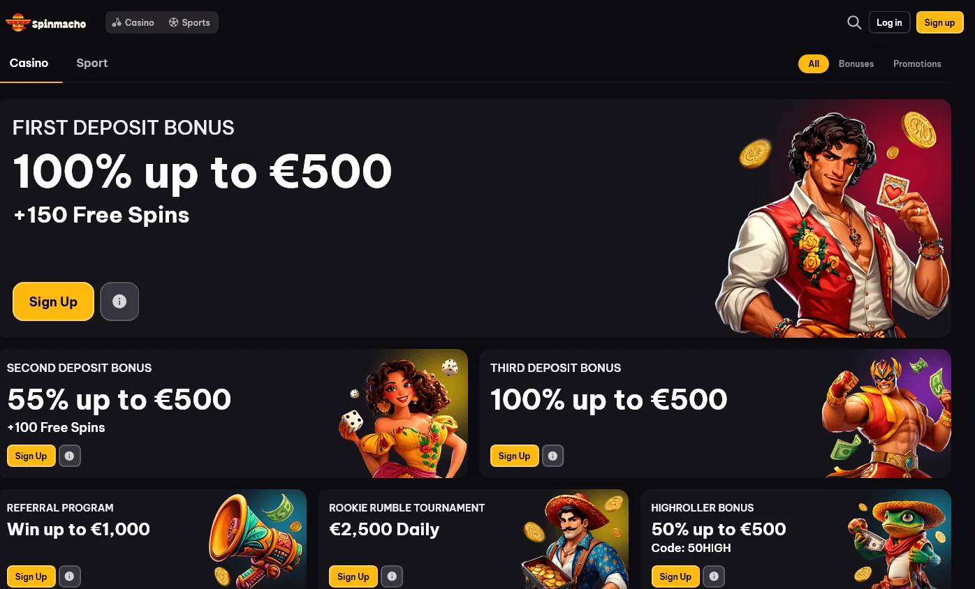 Spinmacho Casino promotions area on desktop